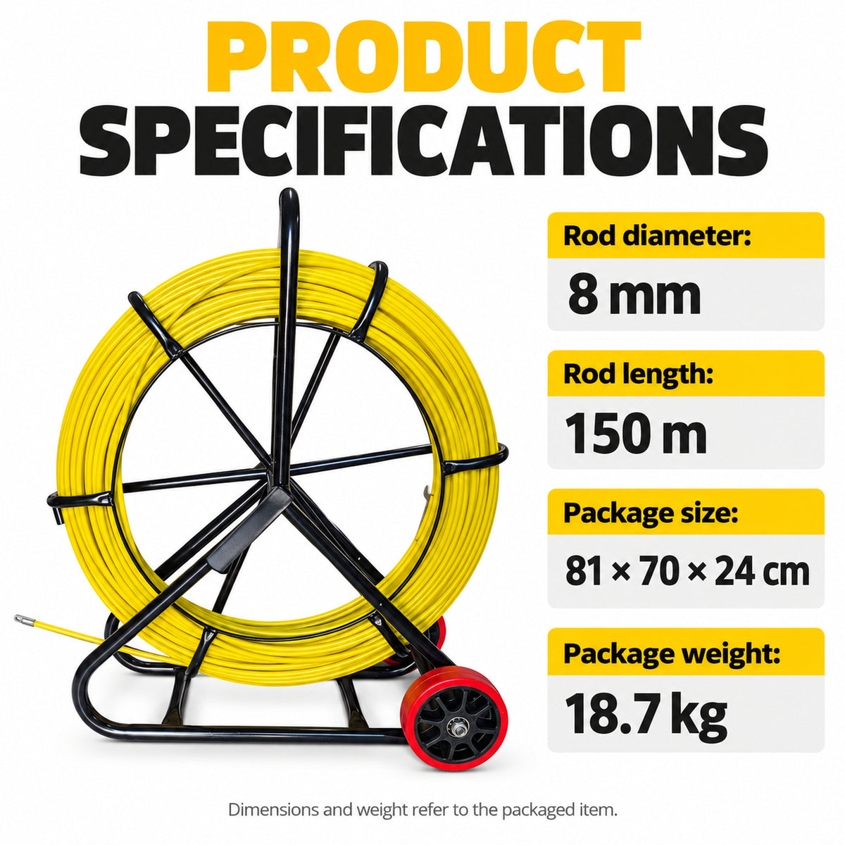 8mm x 150m Duct Rodder Cable Puller Fish Tape Reel Black Frame Red Wheels