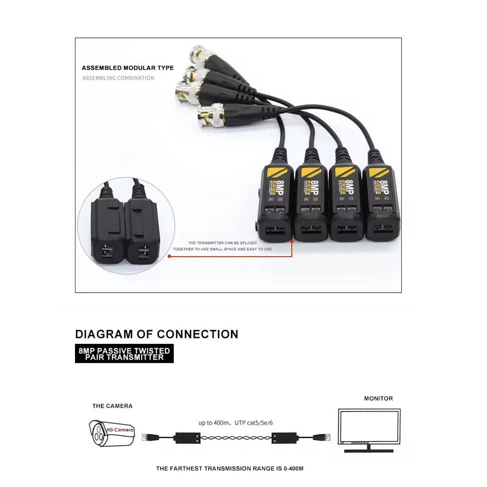 1 Pair HD Analog Video Passive Transceiver 8MP CCTV Video Balun Converter