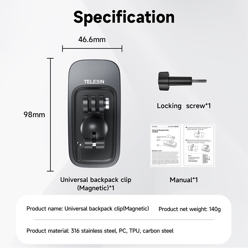 TELESIN 360° Rotation Magnetic Backpack Clip Mount for GoPro Hero Insta360