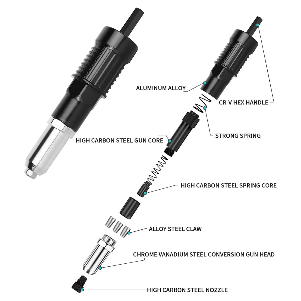 Electric Rivet Gun Adapter Kit Cordless Drill Nut Riveter Insert Wrench Kit