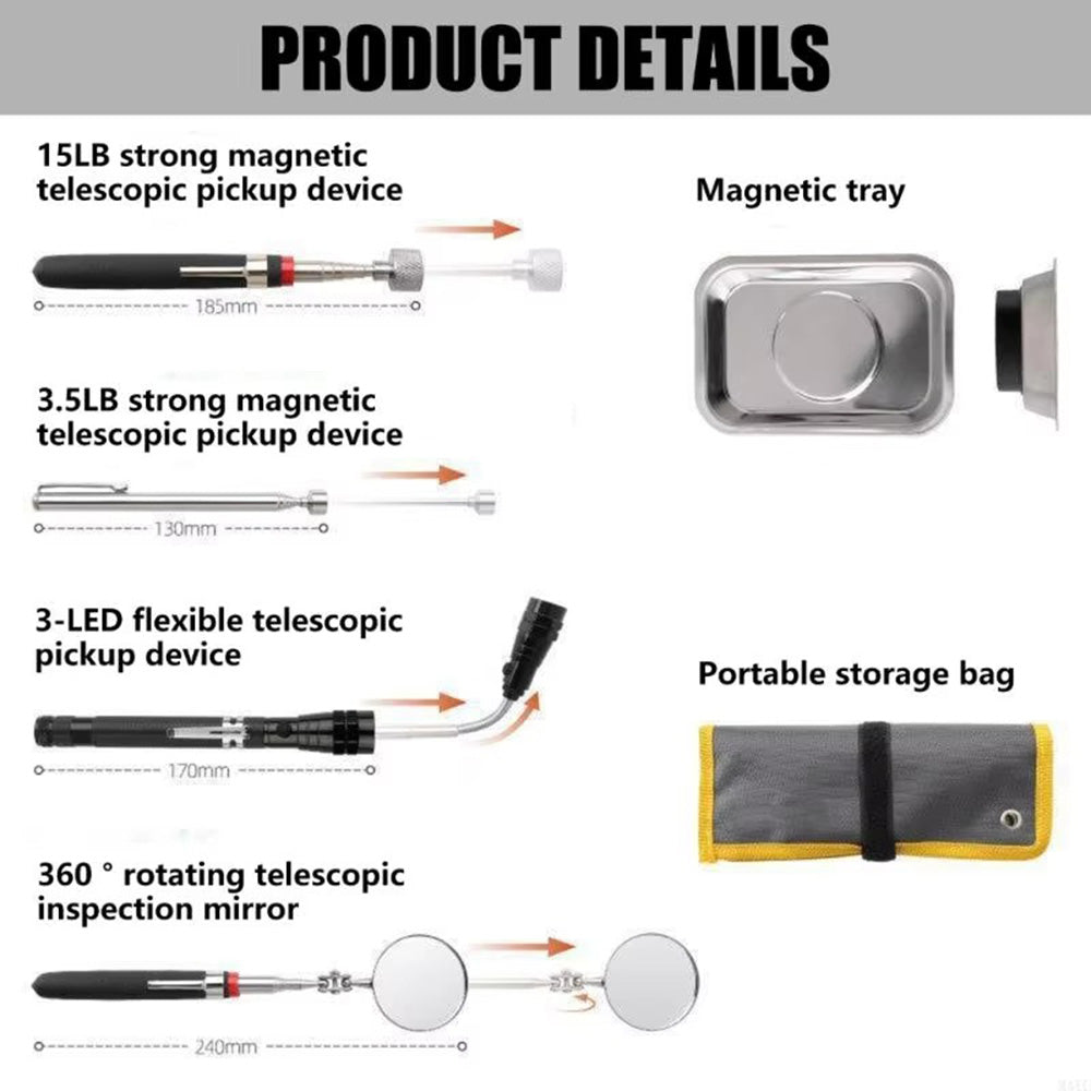 5 Pcs Pickup Tool Set with Extendable Flashlight and Inspection Mirror