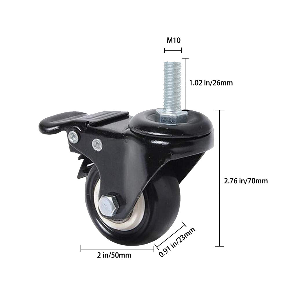 4 pcs 2" Heavy Duty Swivel Caster Wheels M10 Threaded Stem Brake Swivel Wheels