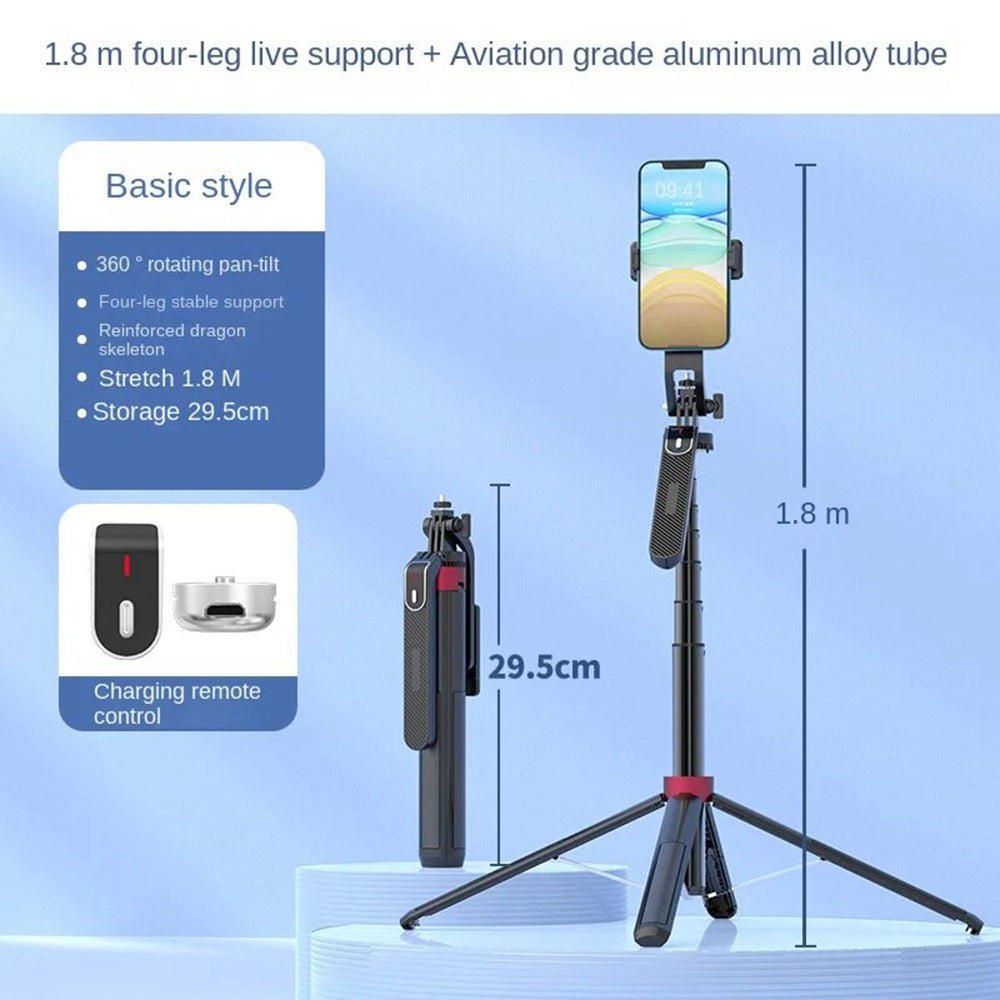 1.8m Aluminum Alloy Quadripod Shelf Bluetooth Selfie Stick Stand Stabilizer