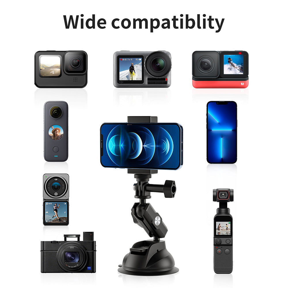 TELESIN Car Phone Holder Suction Cup 360° Adjustable 1/4 Adapter For GoPro