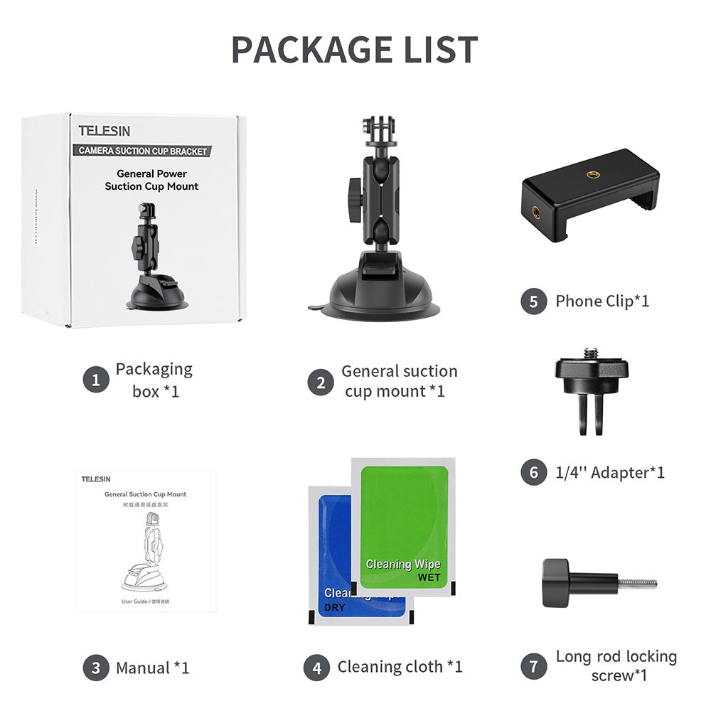 TELESIN Car Phone Holder Suction Cup 360° Adjustable 1/4 Adapter For GoPro