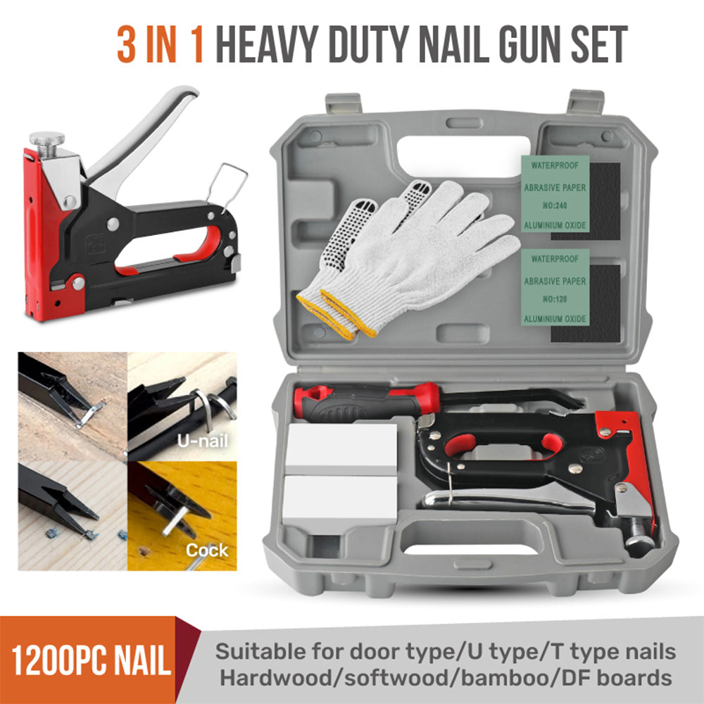 3-in-1 Nailer Stapler Gun Set With 1200 Staples Manual DIY Nailer Tool Kit