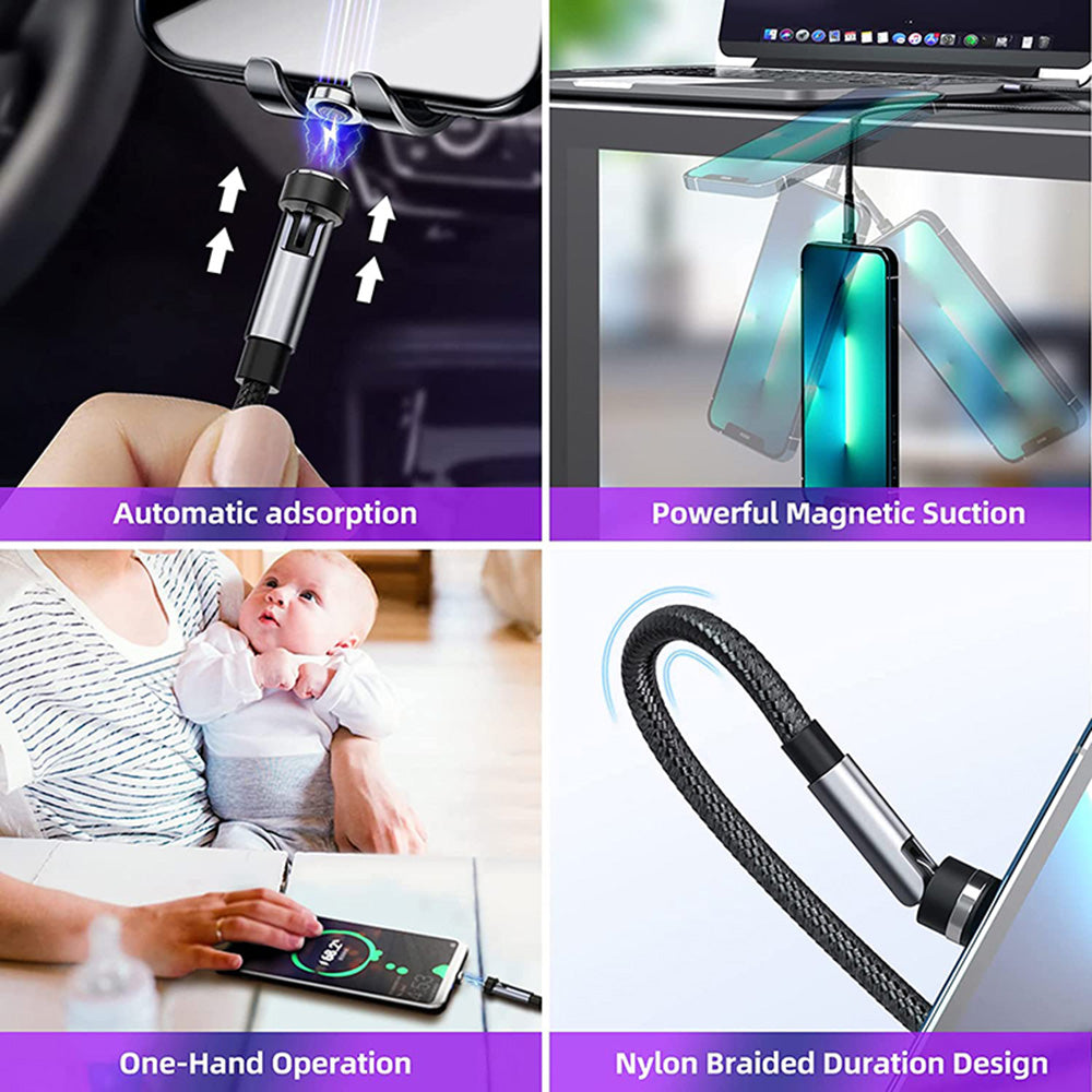 540 Rotate Magnetic Cable 3A Fast Charging USBA TYPE-C TO TYPE-C MICRO IP