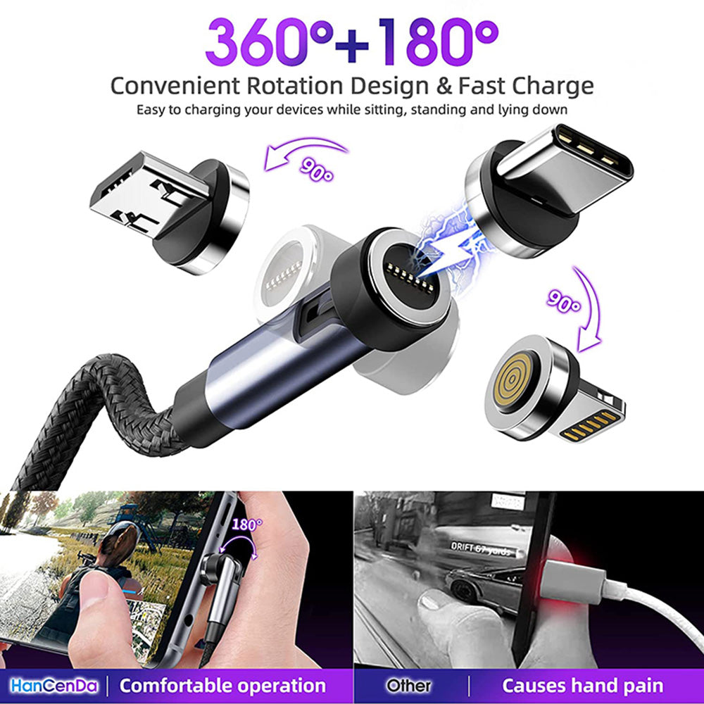 540 Rotate Magnetic Cable 3A Fast Charging USBA TYPE-C TO TYPE-C MICRO IP