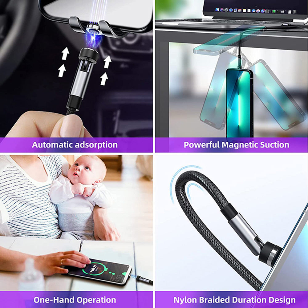 540 Rotate Magnetic Cable 3A Fast Charging USBA TYPE-C TO TYPE-C MICRO IP
