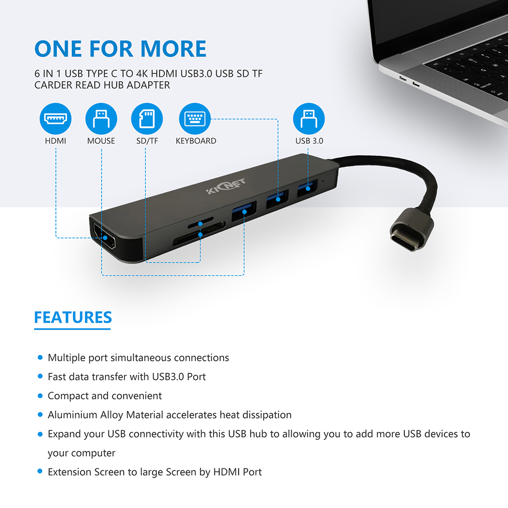 6 IN 1 USB Type C to 4K HDMI USB3.0 USB SD TF Carder Read Hub Adapter