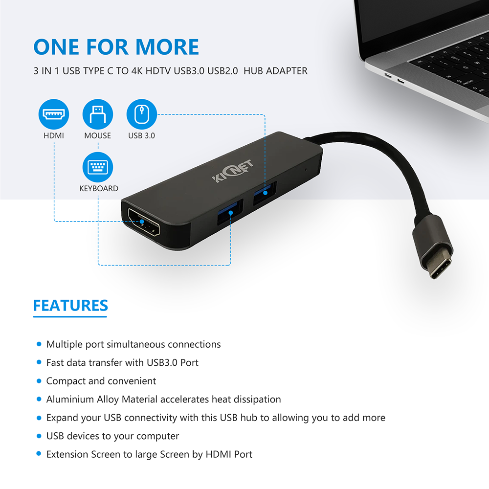3 IN 1 USB Type C to 4K HDTV USB3.0 USB2.0 Hub Adapter