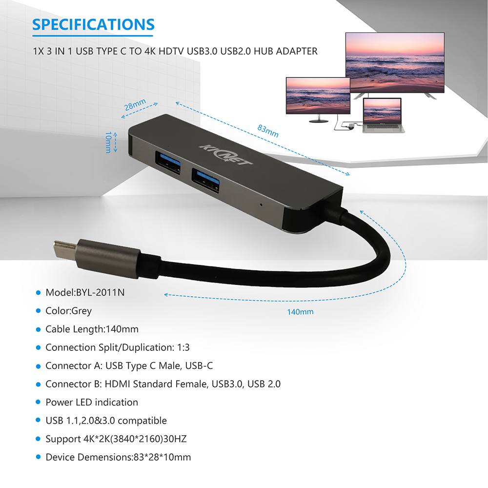 3 IN 1 USB Type C to 4K HDTV USB3.0 USB2.0  Hub Adapter