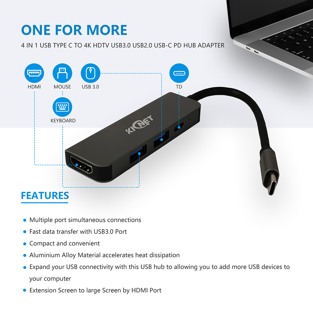 4 IN 1 USB Type C to 4K HDTV USB3.0 USB2.0 USB-C PD Hub Adapter