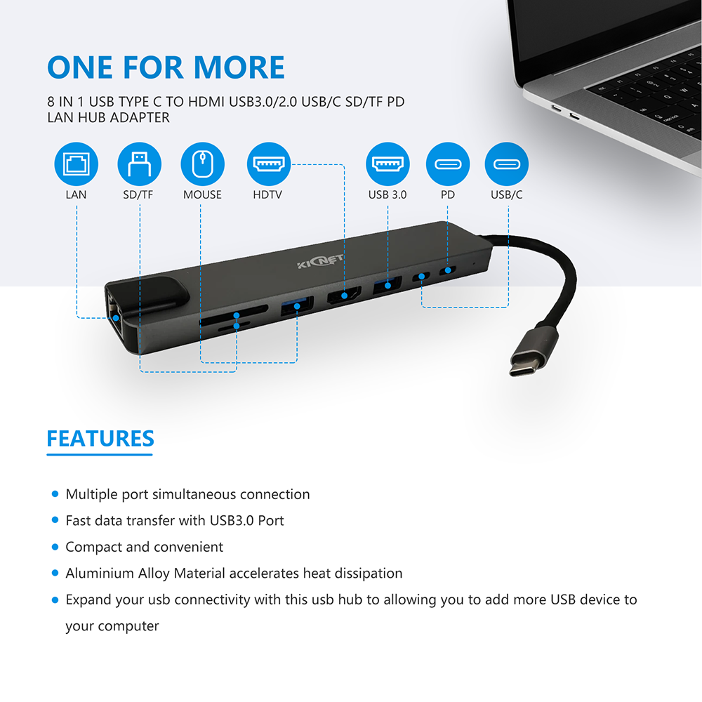 8 IN 1 USB Type C to HDMI USB3.0/2.0 USB/C SD/TF PD LAN Hub Adapter