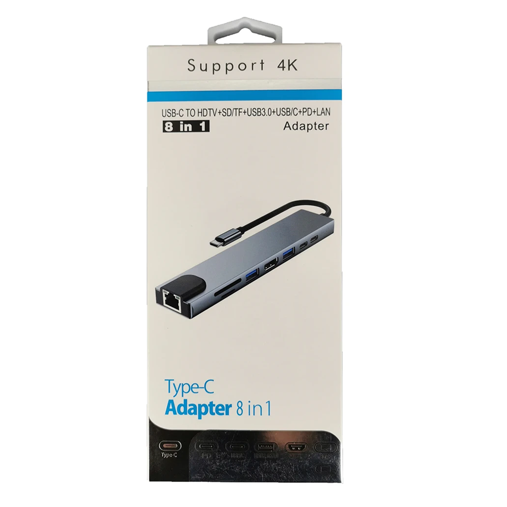 8 IN 1 USB Type C to HDMI USB3.0/2.0 USB/C SD/TF PD LAN Hub Adapter