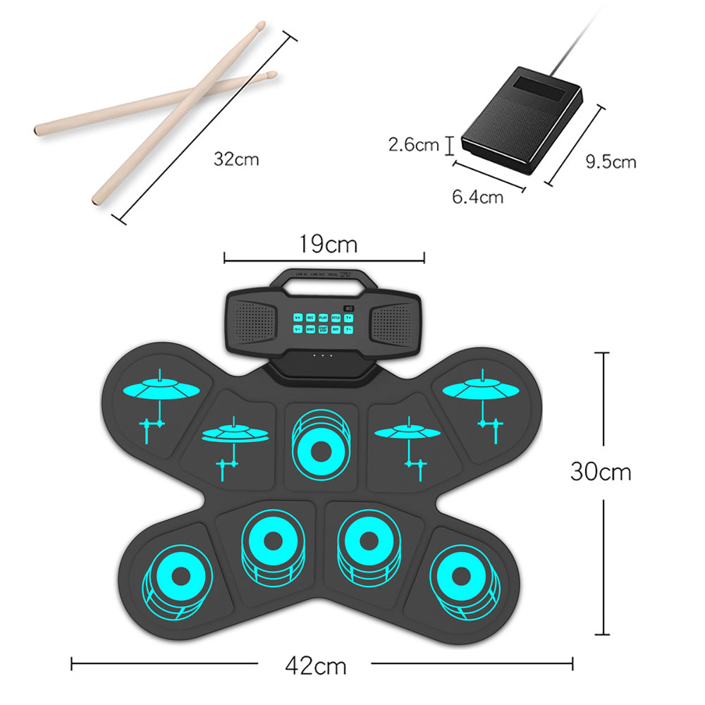 WGS505 Electronic Hand Roll Up Drum Kit 9 Pad with Drumsticks Foot Pedals