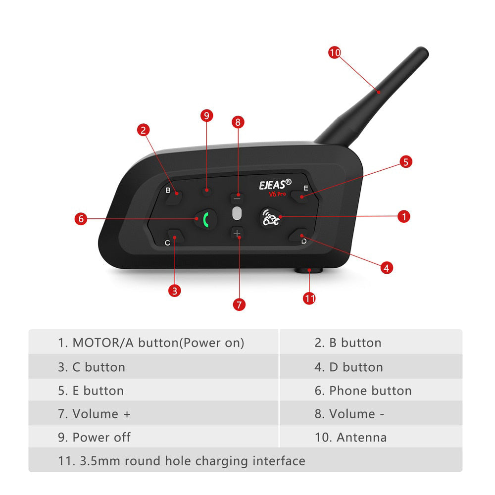 EJEAS V6 Pro 1200m Motorcycle Bluetooth Helmet Intercom CSR 2.4GHz FM 6 Riders