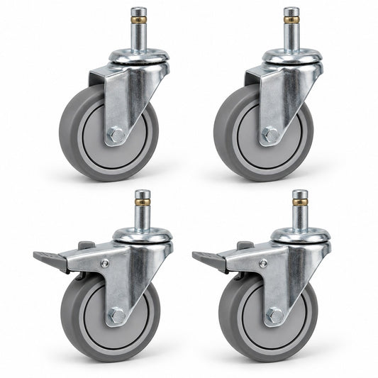 Four 75mm TPR stem castor wheels including swivel and braked castors