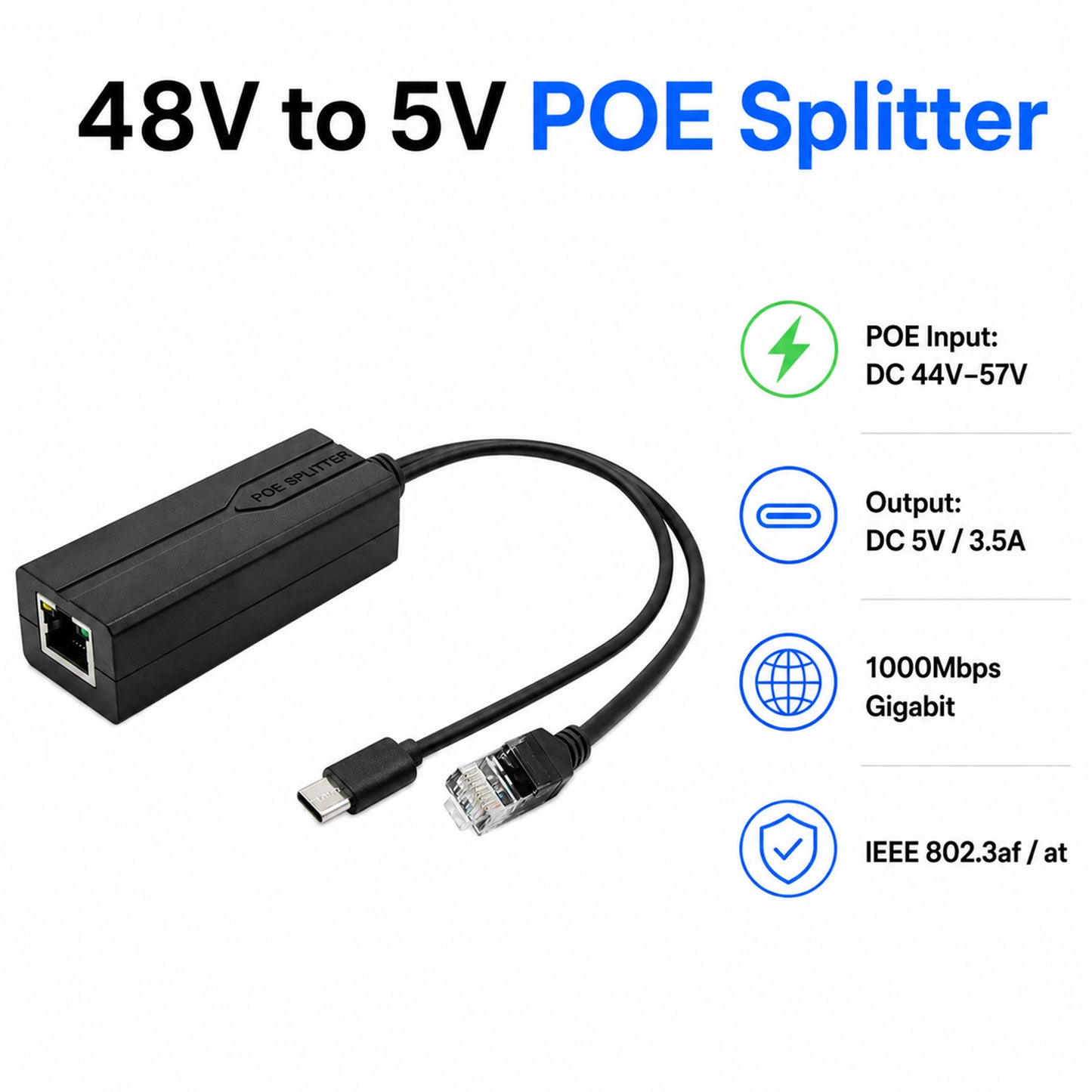 48V to 5V Gigabit PoE Splitter – USB-C 5V/3.5A Output