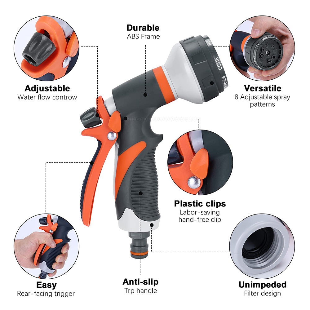 Garden Hose Spray Gun Set 8 Adjustable Patterns High Pressure Water Gun Nozzle