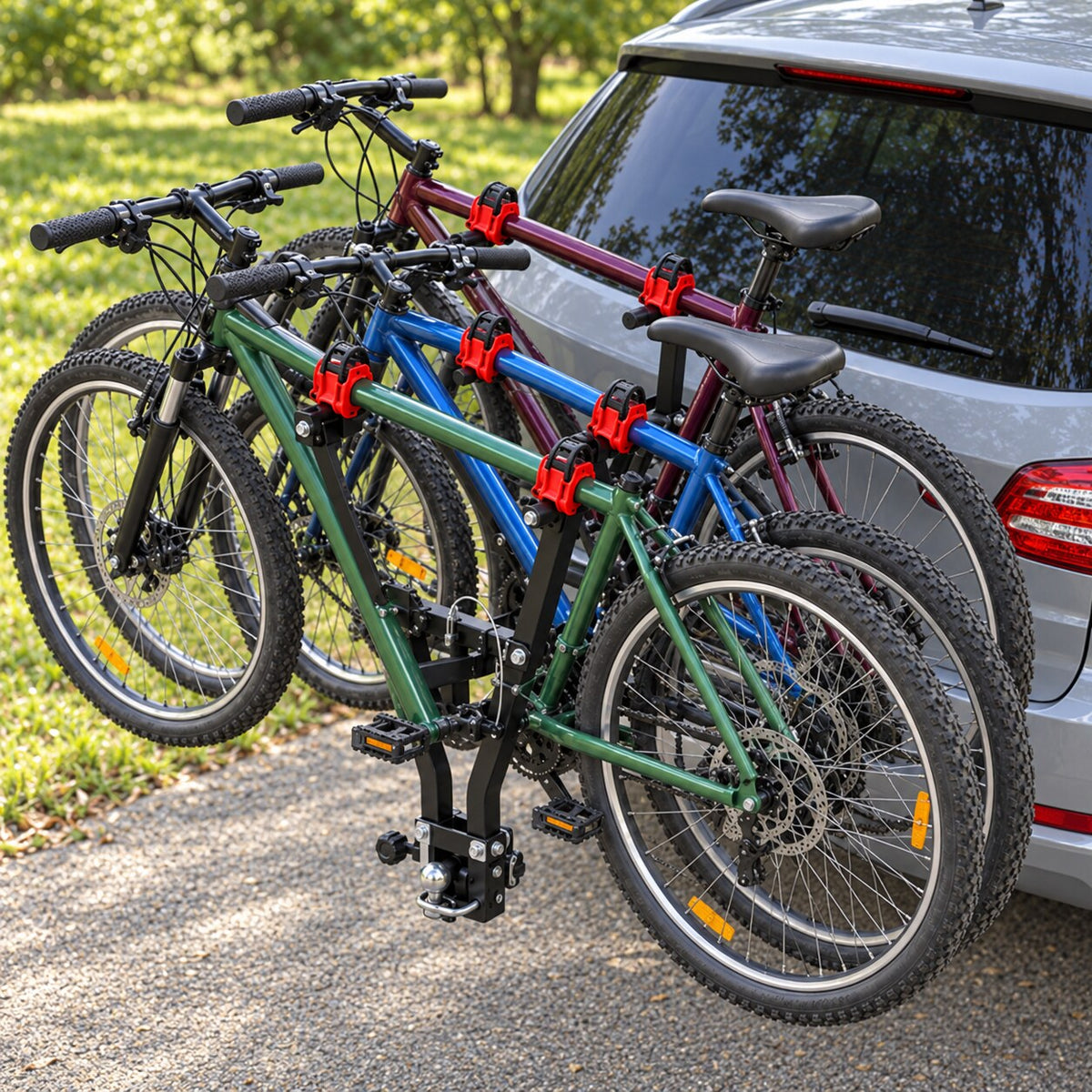 Three bicycles mounted on the tow-ball bike carrier