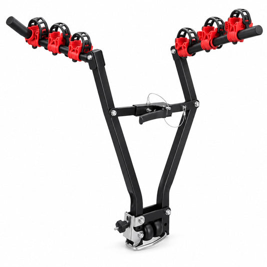 Foldable three-bike tow-ball carrier on a white background