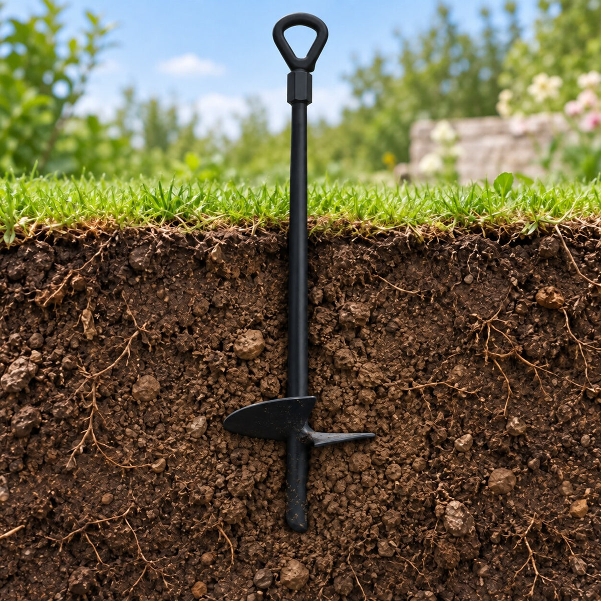 Spiral ground auger anchor installed securely beneath soil