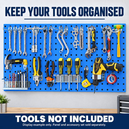 Pegboard displaying tools; tools not included; panel and accessories sold separately