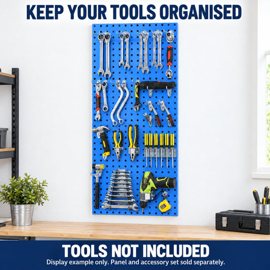 Blue pegboard displaying tools; tools not included