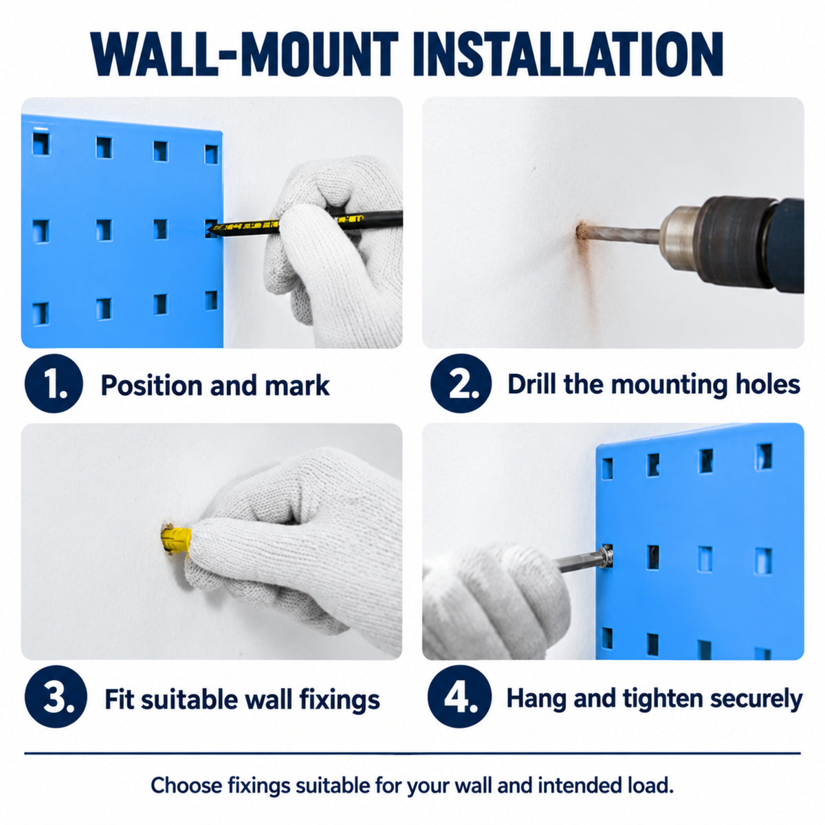 Four-step wall-mount installation guide for blue pegboard
