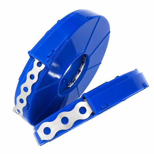 10 m perforated metal band roll in blue dispenser.