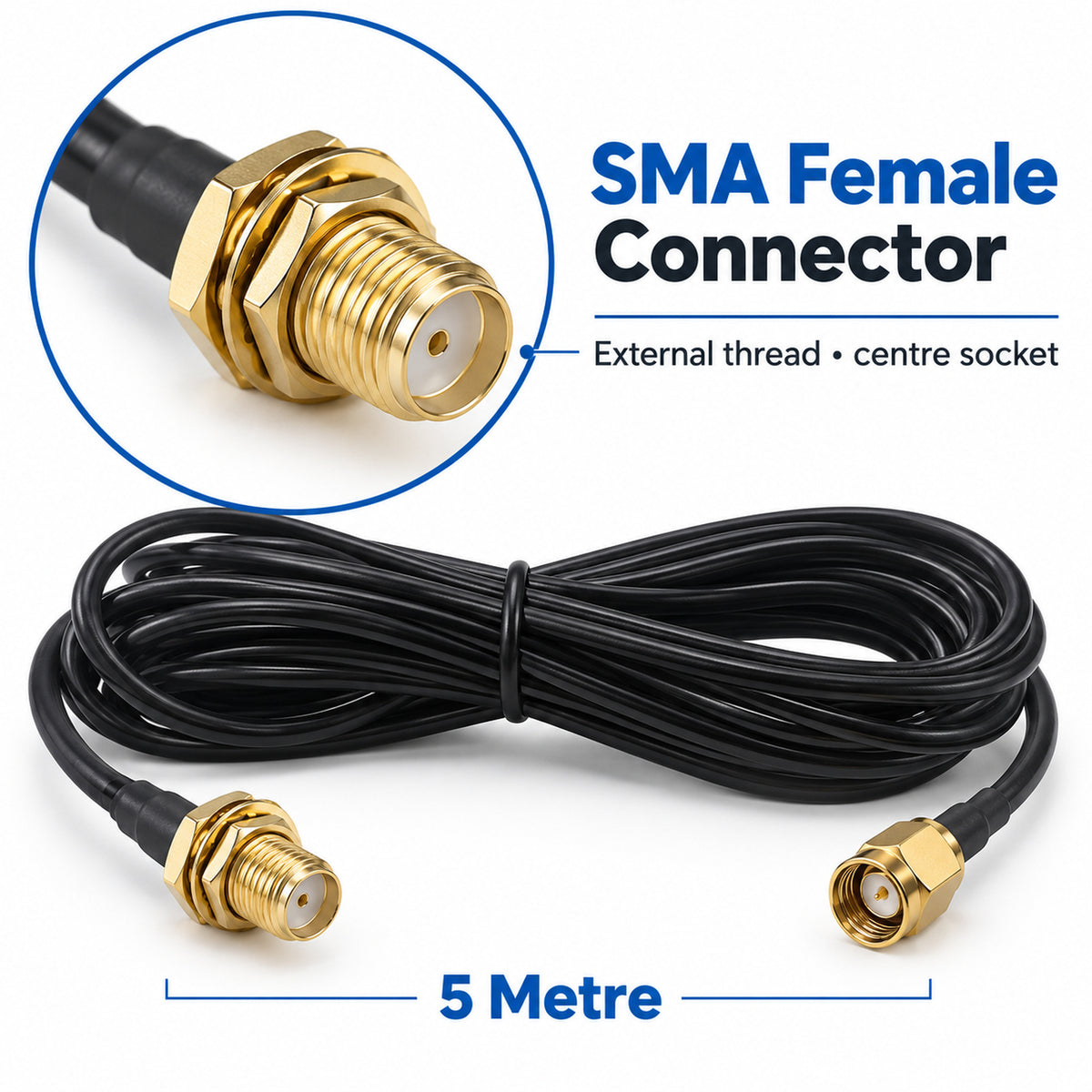 5m RG174 SMA Male to Female Coaxial RF Extension Cable Antenna Lead Black