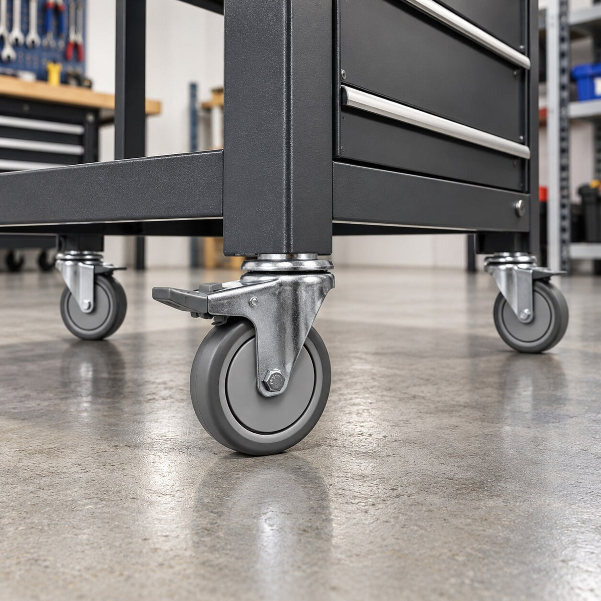 75mm TPR castor wheels installed on a workshop tool trolley