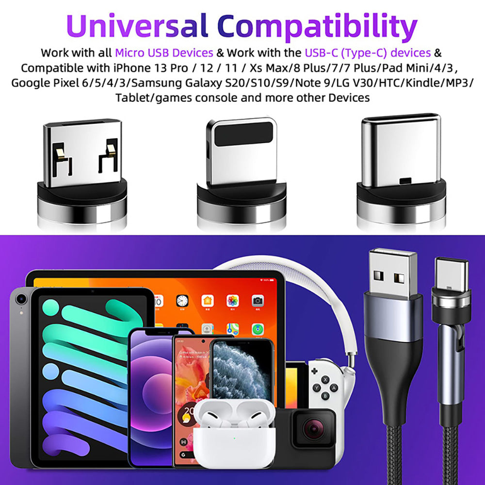 540 Rotate Magnetic Cable 3A Fast Charging USBA TYPE-C TO TYPE-C MICRO IP