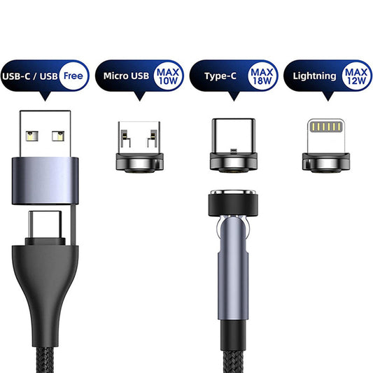 540 Rotate Magnetic Cable 3A Fast Charging USBA TYPE-C TO TYPE-C MICRO IP
