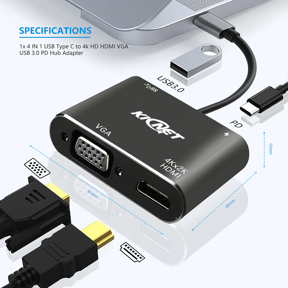 4 IN 1 USB Type C to 4k HD HDMI VGA USB 3.0 PD Hub Adapter Secondary image