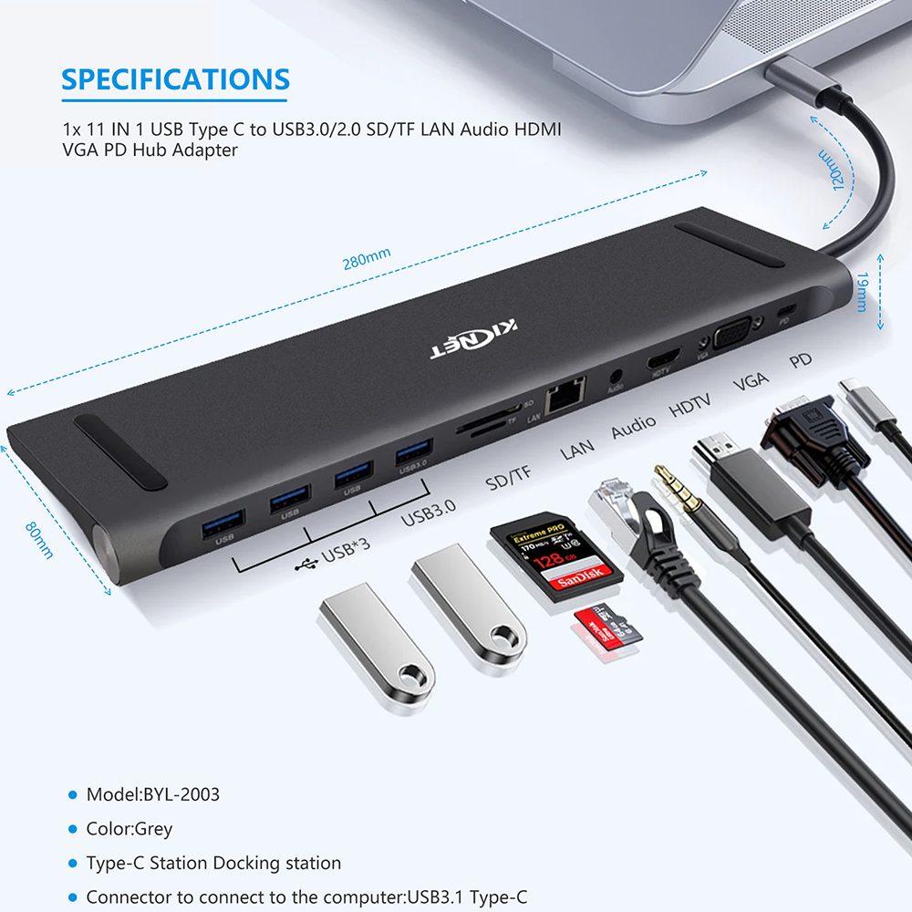 11 IN 1 USB Type C to USB3.0/2.0 SD/TF LAN Audio HDMI VGA PD Hub Adapter Secondary image