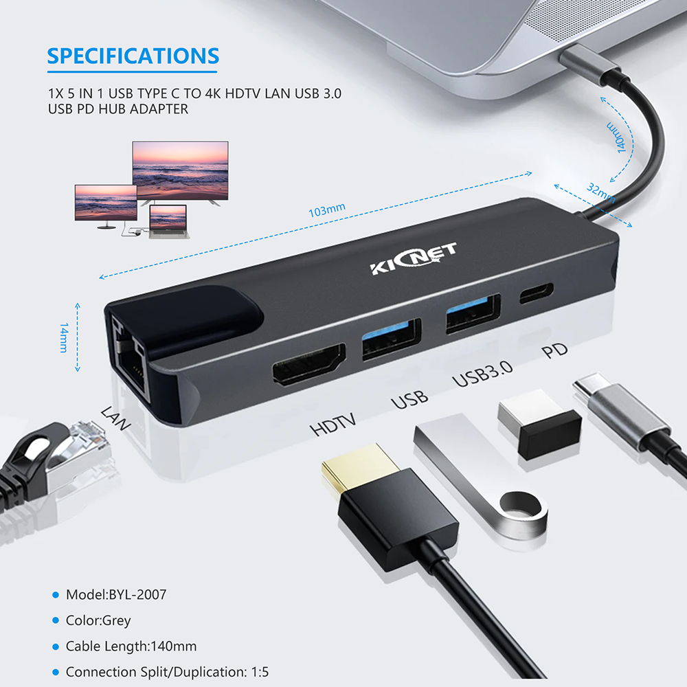 5 IN 1 USB Type C to 4K HDTV LAN USB 3.0 USB PD Hub Adapter Secondary image