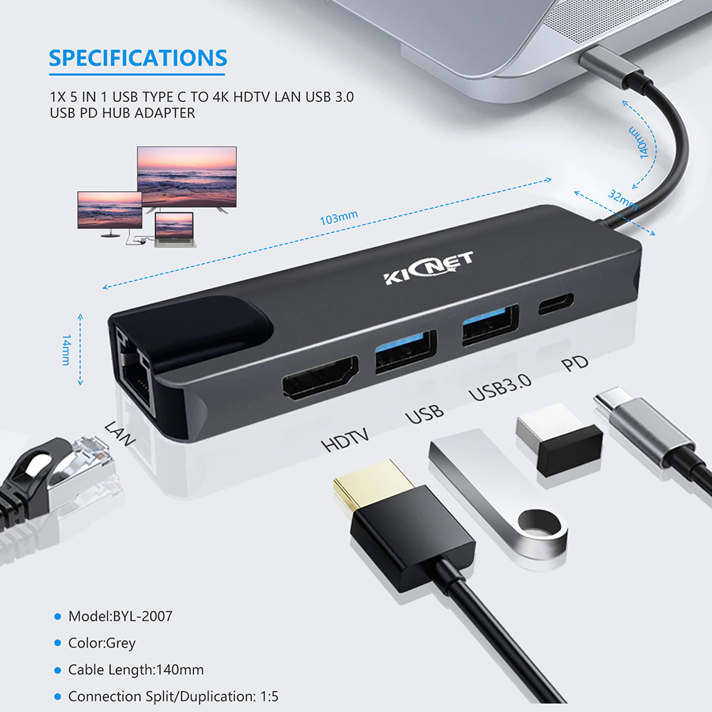 5 IN 1 USB Type C to 4K HDTV LAN USB 3.0 USB PD Hub Adapter