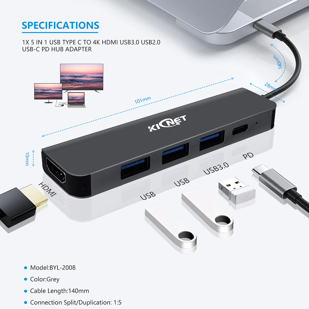 5 IN 1 USB Type C to 4K HDMI USB3.0 USB2.0 USB-C PD Hub Adapter Secondary image