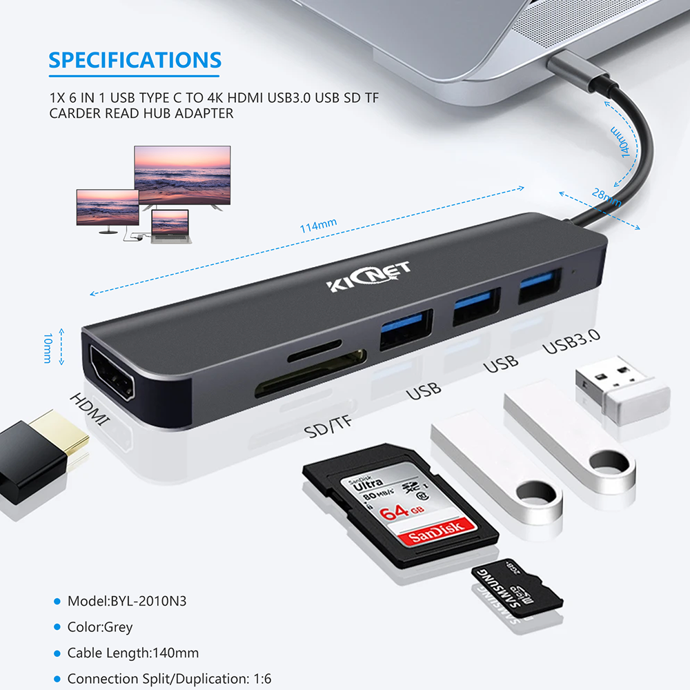 6 IN 1 USB Type C to 4K HDMI USB3.0 USB SD TF Carder Read Hub Adapter Secondary image