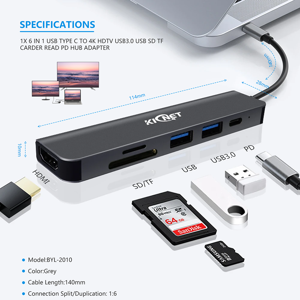 6 IN 1 USB Type C to 4K HDTV USB3.0 USB SD TF Carder Read PD Hub Adapter Secondary image