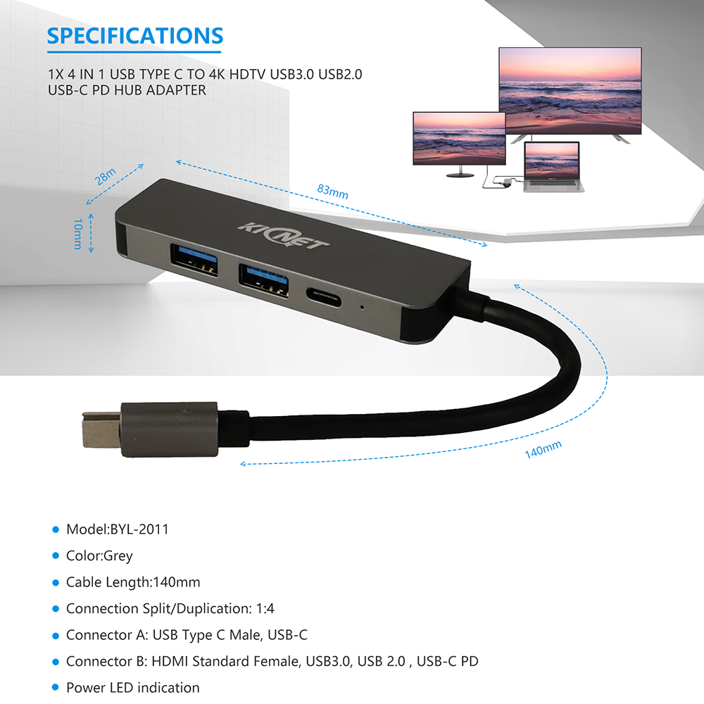 4 IN 1 USB Type C to 4K HDTV USB3.0 USB2.0 USB-C PD Hub Adapter Secondary image