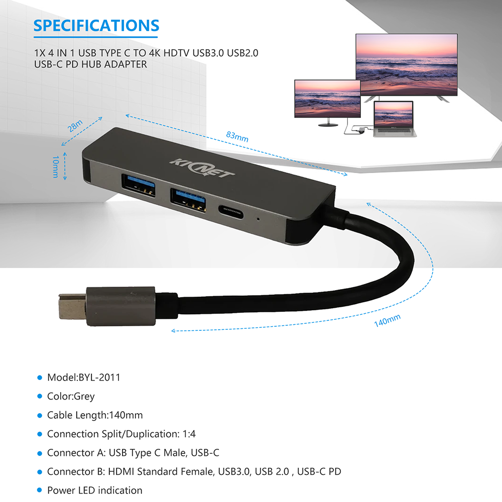 4 IN 1 USB Type C to 4K HDTV USB3.0 USB2.0 USB-C PD Hub Adapter
