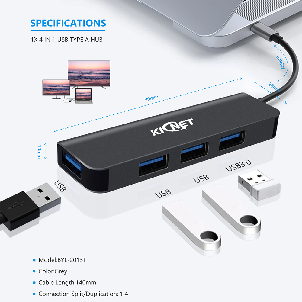 4 IN 1 USB Type C Hub Ultra Slim Aluminium 4 Port USB3.0/2.0 Hub Gray Secondary image