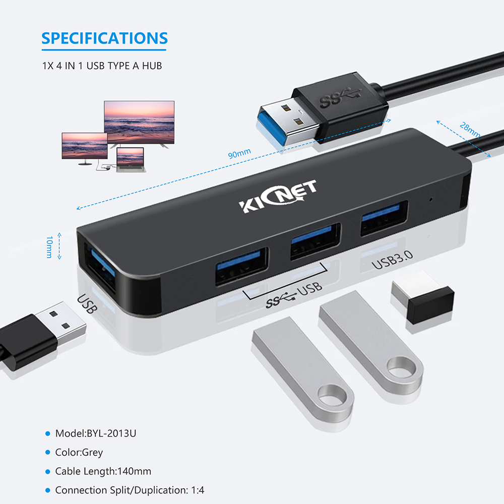 4 IN 1 USB Type A Hub Ultra Slim Aluminium 4 Port USB3.0/2.0 Hub Gray Secondary image