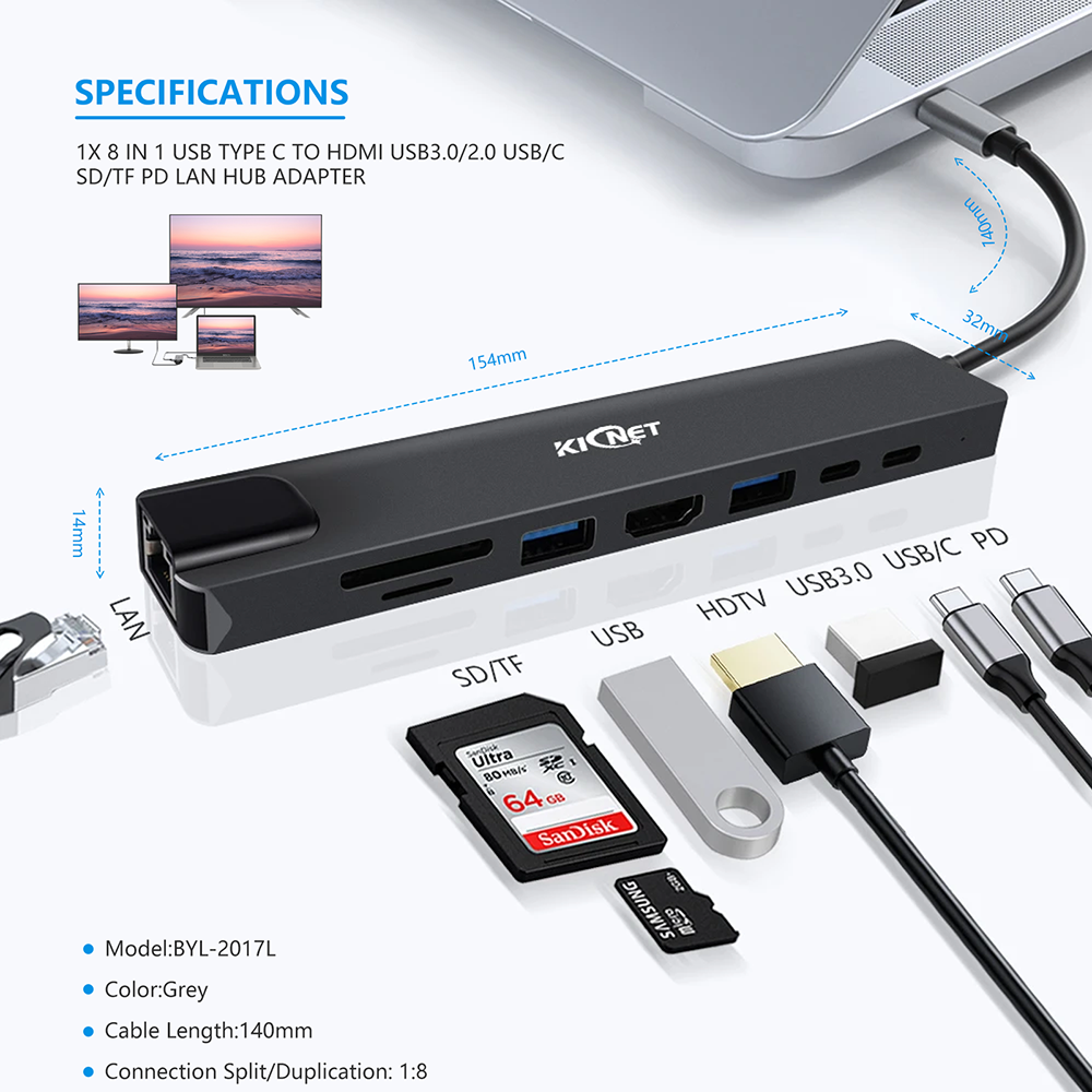 8 IN 1 USB Type C to HDMI USB3.0/2.0 USB/C SD/TF PD LAN Hub Adapter Secondary image