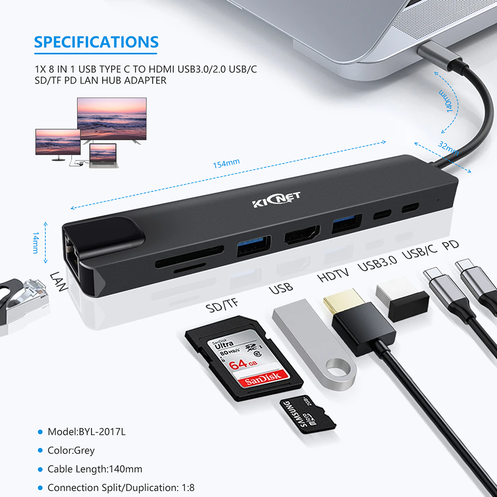 8 IN 1 USB Type C to HDMI USB3.0/2.0 USB/C SD/TF PD LAN Hub Adapter