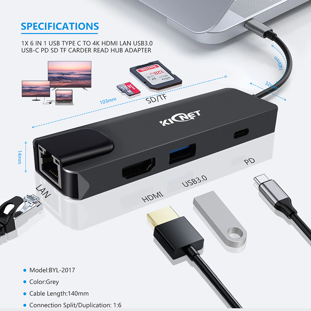 6 IN 1 USB Type C to 4K HDMI LAN USB3.0 USB-C PD SD TF Carder Read Hub Adapter Secondary image