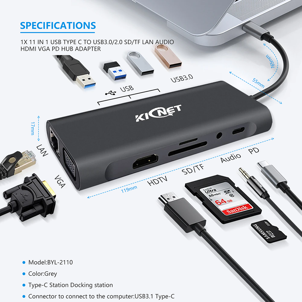 11 IN 1 USB Type C to USB3.0/2.0 SD/TF LAN Audio HDMI VGA PD Hub Adapter Secondary image